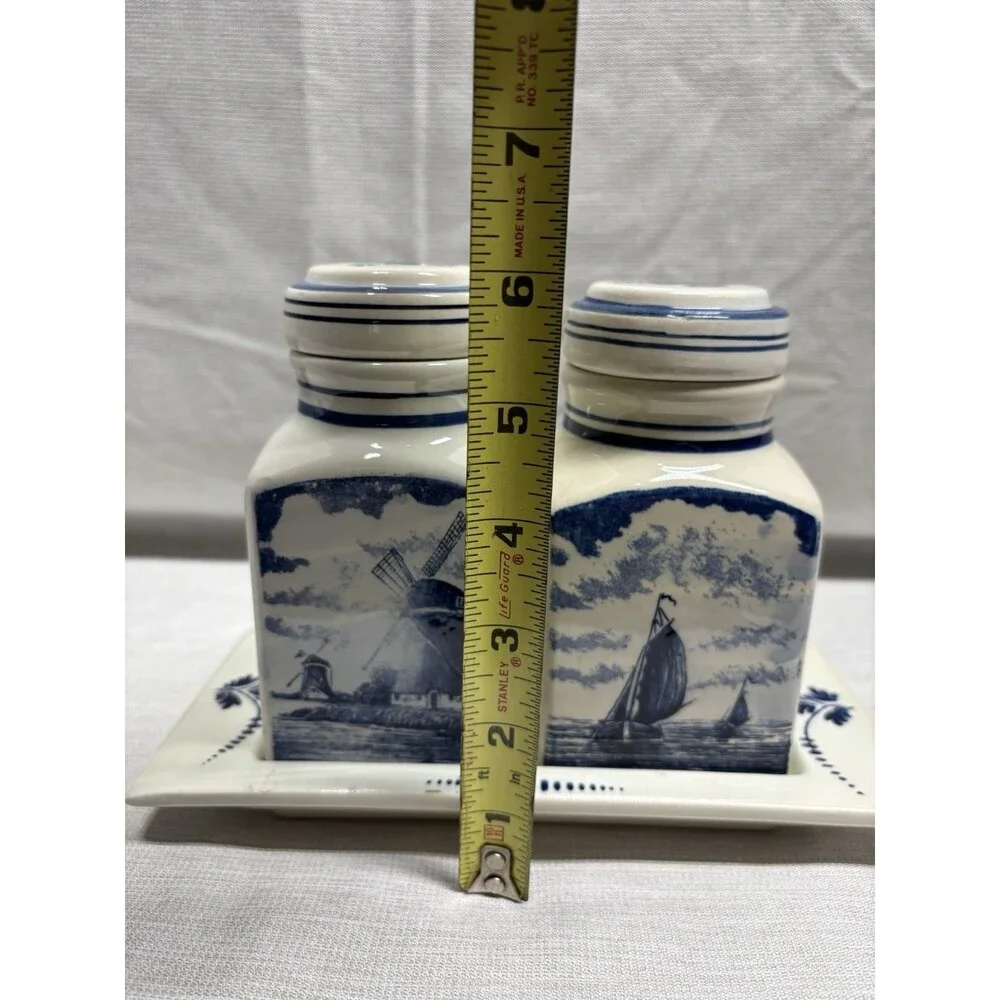Delft Blue Canister Pair Handmade  Holland Vintage Kitchen Spice Jars Windmill